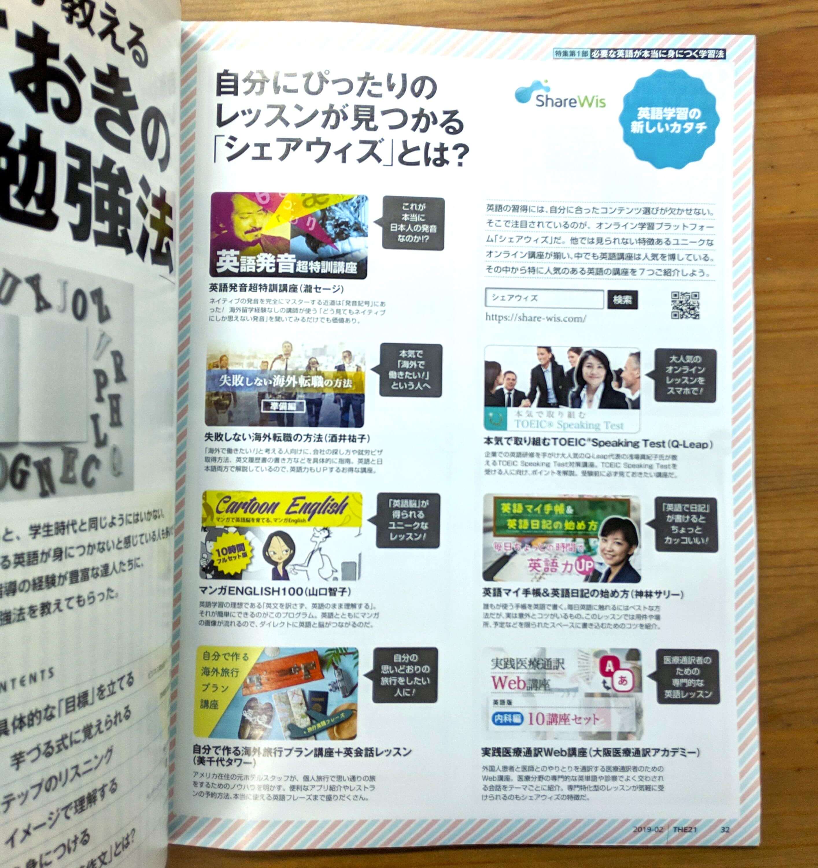 ShareWisの英語コースが紹介されている雑誌THE 21（株式会社PHP研究所）の掲載ページの拡大画像